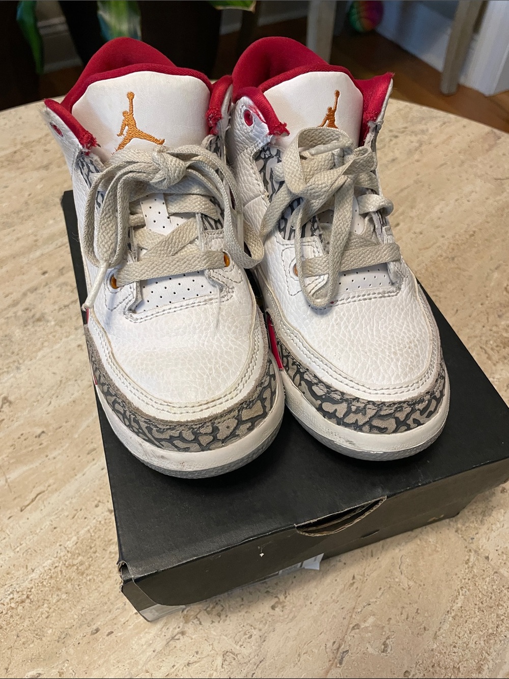 Jordan 3 “Cardinals” PreSchool White, Red & Gold Elephant Print Sneakers